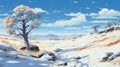 Enchanting Tableland Landscape: Studio Ghibli-inspired Scenery With Snow And Trees