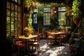 Tables and chairs in an outdoor cafe in Paris, France, An intimate Italian cafe, set in a cozy,garden, AI Generated