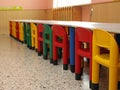 Tables and chairs in the refectory of the school canteen in a nu Royalty Free Stock Photo