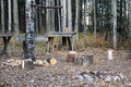 Tables and poles setup at a popular hunting camp spot Royalty Free Stock Photo