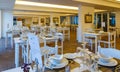 Tables in restaurant of the resort Europe, Greece, interior dining room for tourists