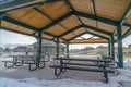 Tables and seats inside pavilion in Eagle Mountain Royalty Free Stock Photo
