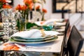 Tables set for an event party. Luxury elegant table setting dinner in a restaurant. Empty glasses set in restaurant Royalty Free Stock Photo