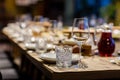 Tables set for an event party or wedding reception. luxury elegant table setting dinner in a restaurant. glasses and dishes. Empty Royalty Free Stock Photo