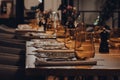 Tables set inside a restaurant, shallow focus Royalty Free Stock Photo
