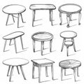 Tables sketched set, different line drawing desks, square and round tables, furniture doodles