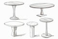 Tables sketched set, different line drawing desks, square and round tables, furniture doodles