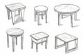 Tables sketched set, different line drawing desks, square and round tables, furniture doodles