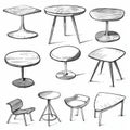 Tables sketched set, different line drawing desks, square and round tables, furniture doodles