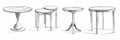 Tables sketched set, different line drawing desks, square and round tables, furniture doodles