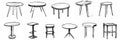 Tables sketched set, different line drawing desks, square and round tables, furniture doodles