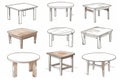 Tables sketched set, different line drawing desks, square and round tables, furniture doodles