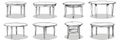 Tables sketched set, different line drawing desks, square and round tables, furniture doodles
