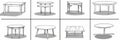 Tables sketched set, different line drawing desks, square and round tables, furniture doodles