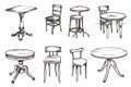 Tables sketched set, different line drawing desks, square and round tables, furniture doodles