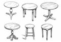 Tables sketched set, different line drawing desks, square and round tables, furniture doodles
