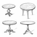 Tables sketched set, different line drawing desks, square and round tables, furniture doodles