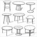 Tables sketched set, different line drawing desks, square and round tables, furniture doodles