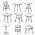 Tables sketched set, different line drawing desks, square and round tables, furniture doodles