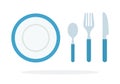 Tablespoons teaspoon, fork, knife, plate with blue piping vector flat isolated