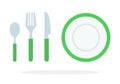 Tablespoons teaspoon fork, knife, plate with green piping vector flat isolated