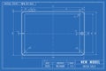 Tablet as technical blueprint drawing. Device sale technical outline concept. Mechanical engineering drawings