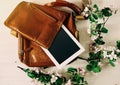 Tablet in bag vintage travel composition