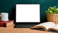 Tablet blank screen mockup with school decoration over green chalkboard Royalty Free Stock Photo