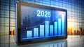 Tablet with business graph on the screen. 3d rendering 2025 year Royalty Free Stock Photo