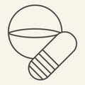 Tablet and capsule thin line icon. Pills or drugs outline style pictogram on white background. Two painkiller tablets