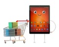 Tablet cartoon character with shopping cart. 3D illustration. Co