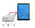 Tablet cartoon character with shopping cart. 3d illustration wit