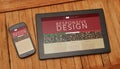 Tablet and cell phone over a rustic table. Responsive design web page.