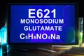 Tablet with chemical formula of e621 monosodium glutamate . Royalty Free Stock Photo