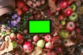 Tablet and chroma key screen, autumn sale time, leaves and grapes, applesand walnut, sales concept Autumn discounts