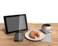 Tablet and coffee cup Simple workspace or coffee break with web