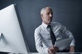 Tablet, computer and business man at desk working on online project, planning and writing email. Corporate worker Royalty Free Stock Photo