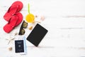 Tablet computer and passport on wood background Royalty Free Stock Photo