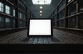 Tablet computer rests on industrial metal platform with railings. Blank screen invites custom content. Sleek tech meets rugged Royalty Free Stock Photo