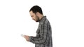 Tablet computer Side view of man using digital tablet on white background. Royalty Free Stock Photo