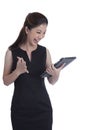 Tablet computer woman winning happy excited