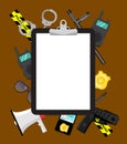 Tablet with copy space a4 format blank paper on background of traditional police items. Cartoon stylized blank for arrest warrant