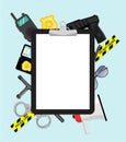 Tablet with copy space a4 format blank paper on background of traditional police items. Cartoon stylized blank for