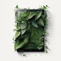 Tablet covered with green leaves, white clean studio background