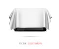 Tablet covered with white cloth, presentation of new tablet, gift
