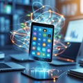 Tablet floating with digital network and glowing energy burst technology icons Royalty Free Stock Photo