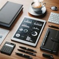 A tablet displayed graphs on a table with pens, notebooks, calculator Royalty Free Stock Photo