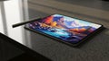 Tablet displaying an AI generated landscape scene rests on a Royalty Free Stock Photo