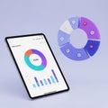 Tablet Displaying Charts and Graphs Next to a3D Pie Chart on a Light Purple Background Royalty Free Stock Photo