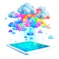 Cloud computing concept with tablet and colorful data stream  isolated on transparent background Royalty Free Stock Photo